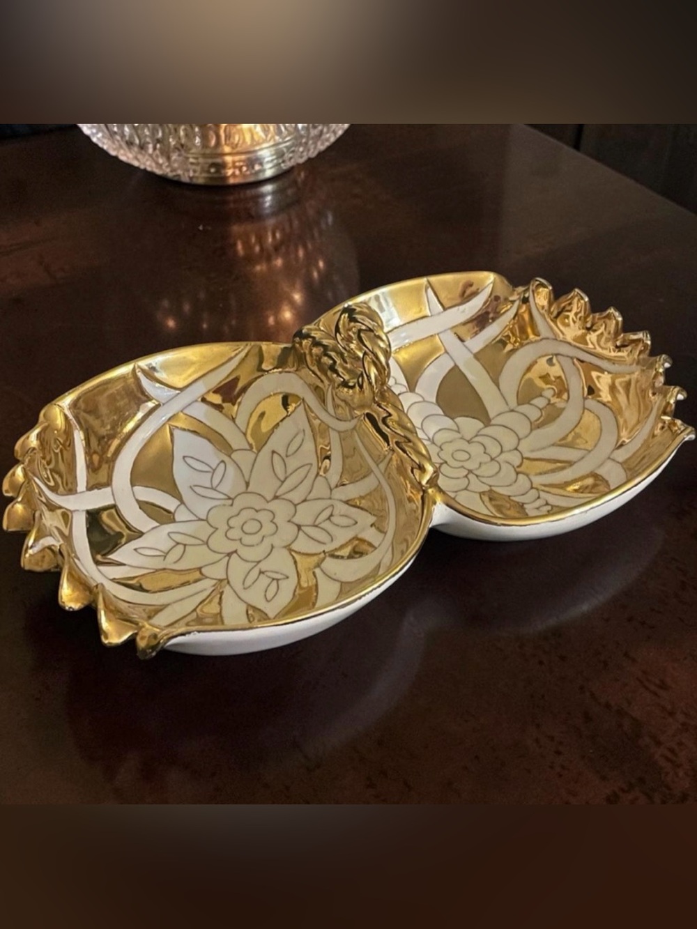VTG Italian White Gold Porcelain 2 Compartment Divided Dish Floral Scroll Glossy
